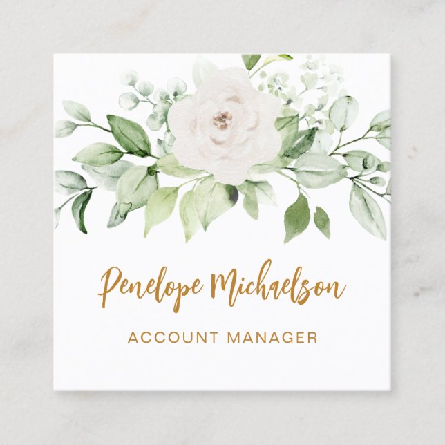 Floral und Greenery Gold Script mit QR Code White Quadratische Visitenkarte (Vorderseite)