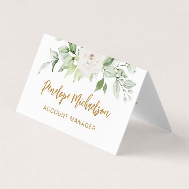 Floral und Greenery Gold Script mit QR Code White Visitenkarten (Vorderseite)