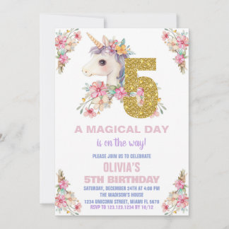 Floral Unicorn Geburtstag Einladungen Glitzer