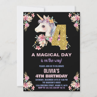 Floral Unicorn Geburtstag Einladungen Glitzer