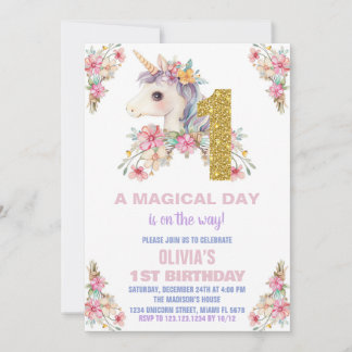 Floral Unicorn Geburtstag Einladungen Glitzer