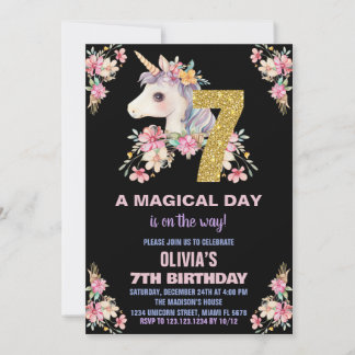 Floral Unicorn Geburtstag Einladungen Glitzer