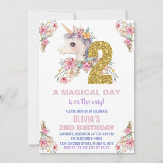 Floral Unicorn Geburtstag Einladungen Glitzer