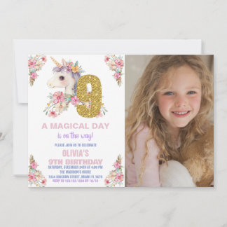 Floral Unicorn Geburtstag Einladungen Glitzer Foto