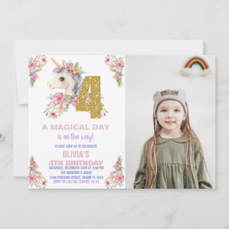Floral Unicorn Geburtstag Einladungen Glitzer Foto