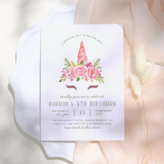 Floral Unicorn Moderne Girls Geburtstagsparty Einladung