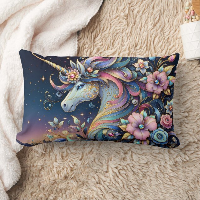 Floral Unicorn Night Fantasy Lendenkissen (Decke)