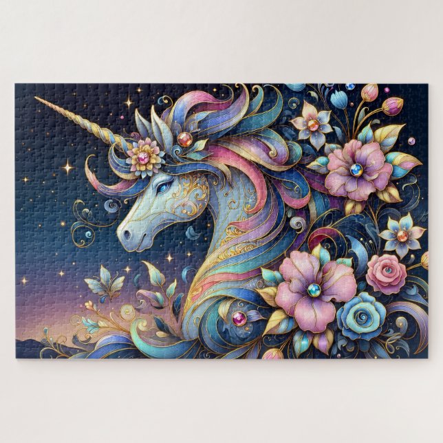 Floral Unicorn Night Fantasy Puzzle (Horizontal)