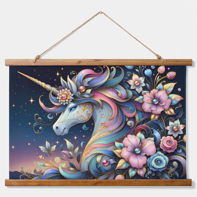 Floral Unicorn Night Fantasy Wandteppich Mit Holzrahmen (Vorne)