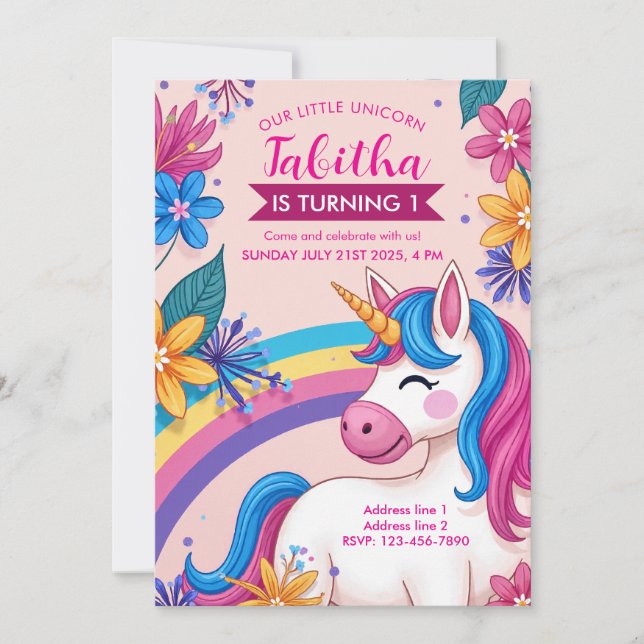 Floral Unicorn Party Invites - Editierbarer Regenb Einladung (Vorderseite)