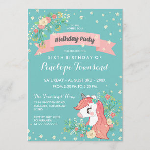 Floral Unicorn Türkis Geburtstagsparty Einladung