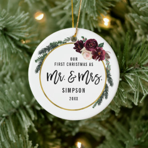 Floral Unsere ersten Weihnachten als Mr. & Mrs. Fo Keramik Ornament