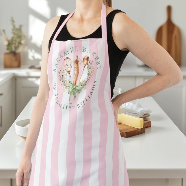 Floral Utensils Cooking Bakery Name Apron Schürze (Pink stripe Utensils Cooking Bow Apron)