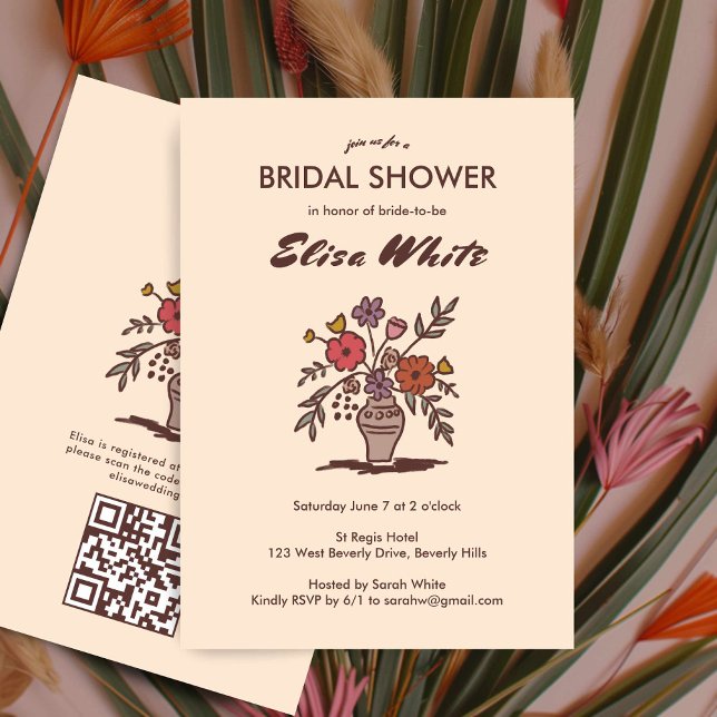 Floral Vase Neutrals Whimsisches Brautparty QR Einladung (Floral Vase Neutrals Whimsical Bridal Shower QR Invitation
)