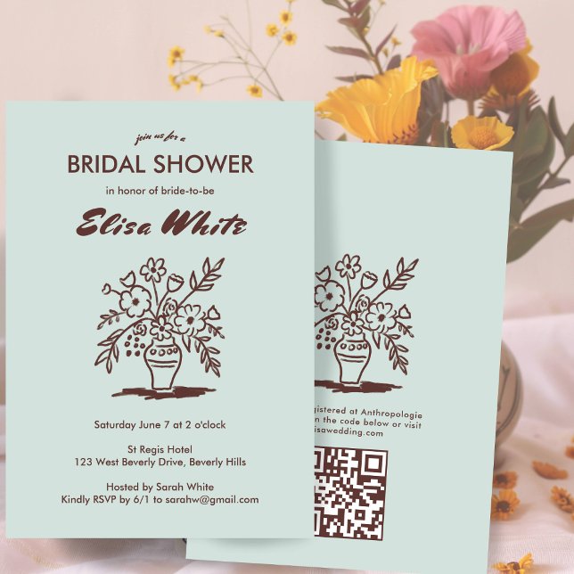Floral Vase Rustic Whimsical QR Brautparty Einladung (Floral Vase Rustic Whimsical Custom QR Code Bridal Shower Invitation Earthy Neutrals Sage
)