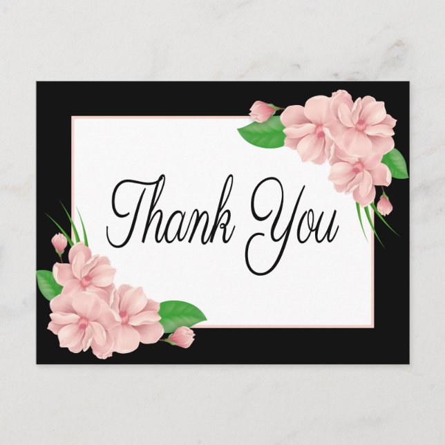Floral Vielen Dank Pink Blume Black Wedding Party Postkarte (Vorderseite)