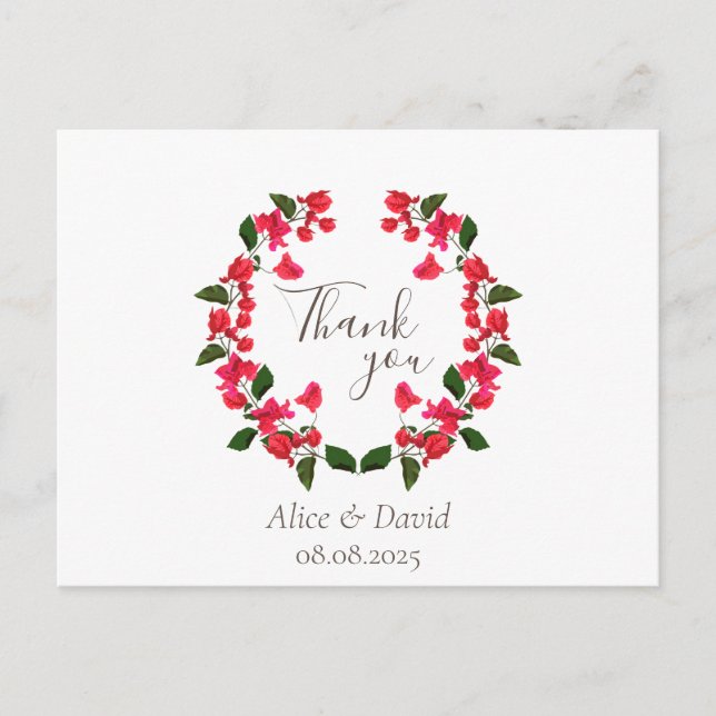 Floral Vielen Dank Postcard mit Red Bougainvillea Einladungspostkarte (Vorderseite)