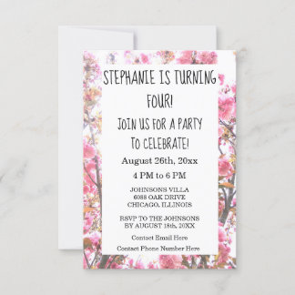 Floral Vierte Geburtstagsparty Pink Cherry Blossom Einladung