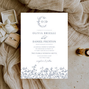 Floral Vintag Dusty Blue Monogram Wedding Einladung