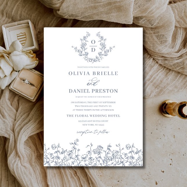 Floral Vintag Dusty Blue Monogram Wedding Einladung (Von Creator hochgeladen)