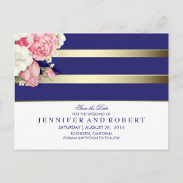 Floral Vintag Navy Weiß und Gold Save the Date Ankündigungspostkarte