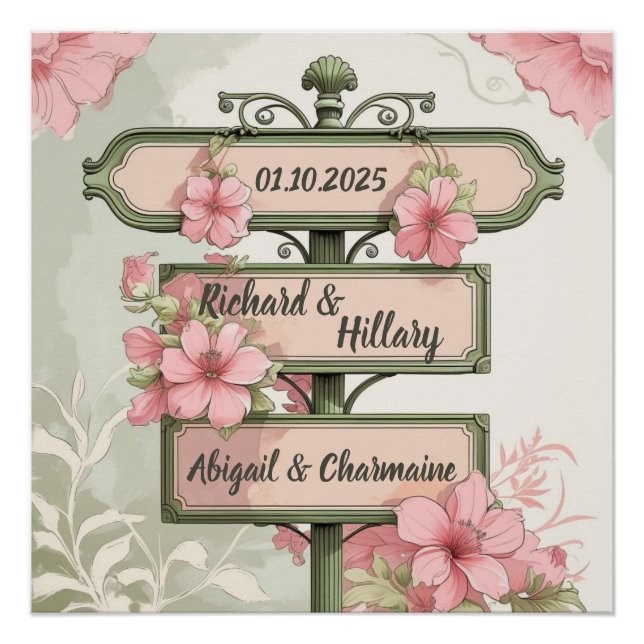Floral Vintage Signpost – Family Names Custom Art Poster (Vorderseite)