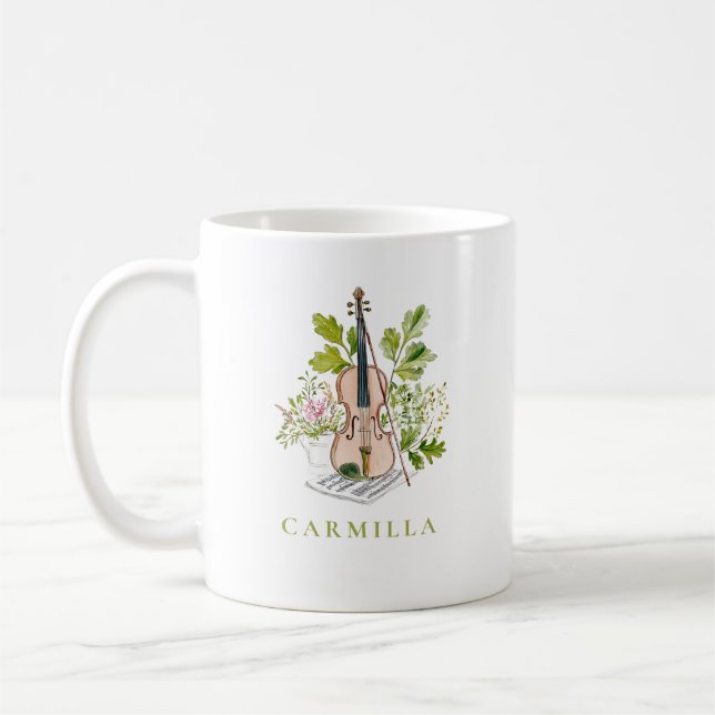 Floral Violin and Greenery Personalised Name Kaffeetasse (Links)