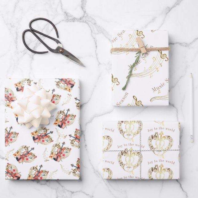 Floral Violins Gold Musiknoten Weihnachtsfeiertag Geschenkpapier Set (Vorderseite)