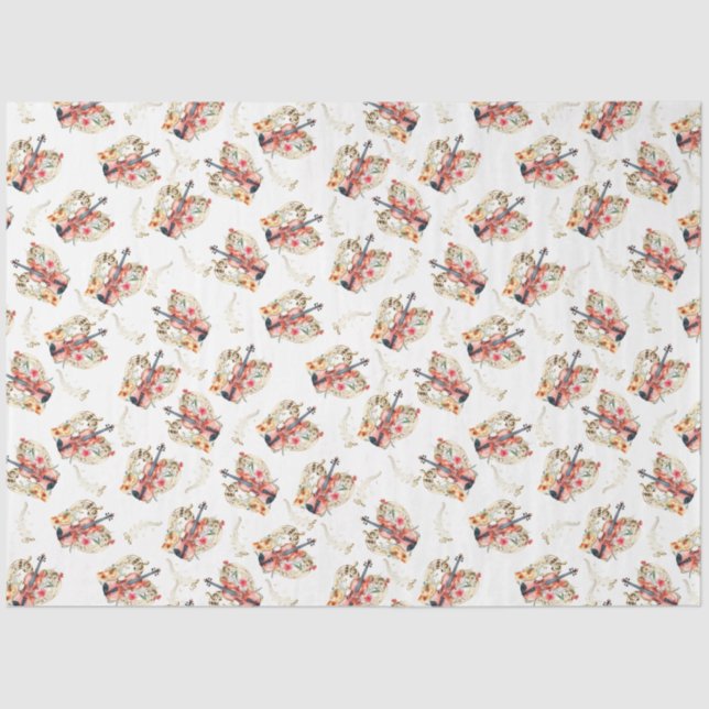 Floral Violins Gold Musiknoten Weihnachtsfeiertag Seidenpapier (Vorderseite)