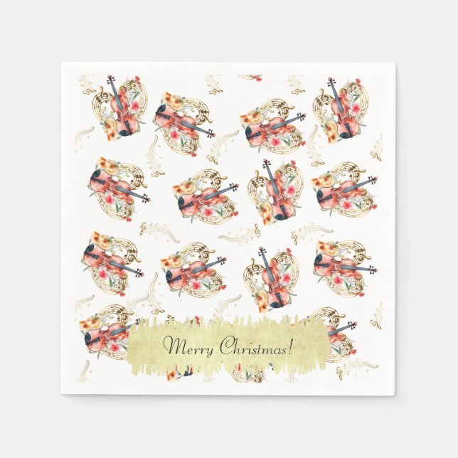 Floral Violins Gold Musiknoten Weihnachtsfeiertag Serviette (Vorderseite)