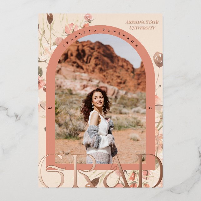 Floral Wanderlust: Boho Chic Abschluss Foto Folieneinladung (Vorderseite)