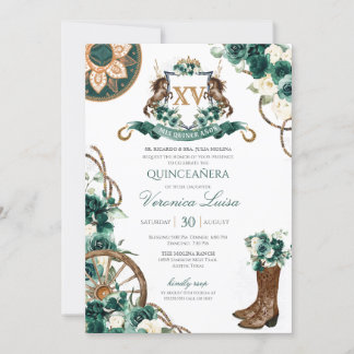 Floral Wappen Charro Emerald Green Quinceanera Einladung