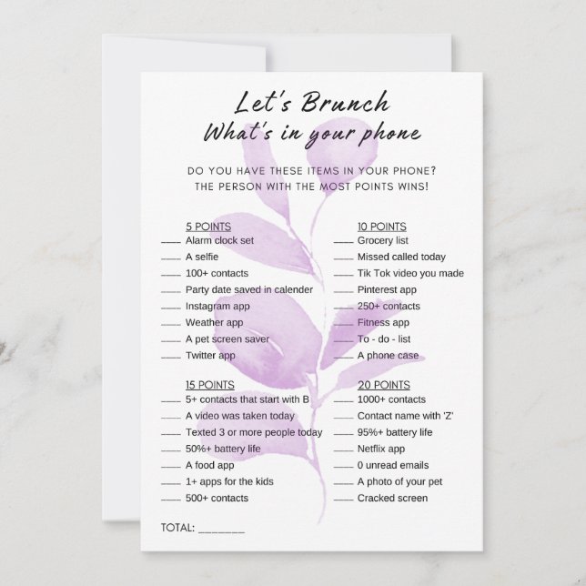 Floral Was ist in deinem Handy Brunch Party Game? Einladung (Vorderseite)