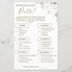 Floral Was ist in Ihrer Handtasche Duschspielkarte Flyer