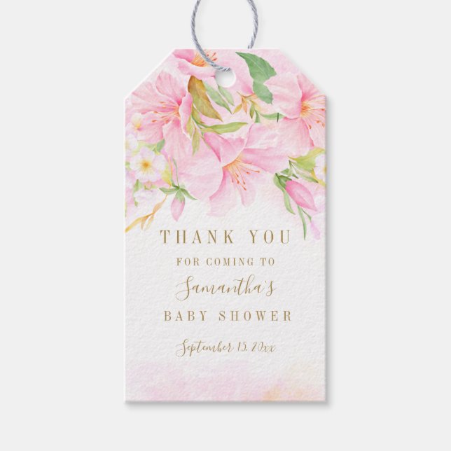 Floral Wasserfarbe Botanisches Boho Pink Babydusch Geschenkanhänger (Vorderseite)