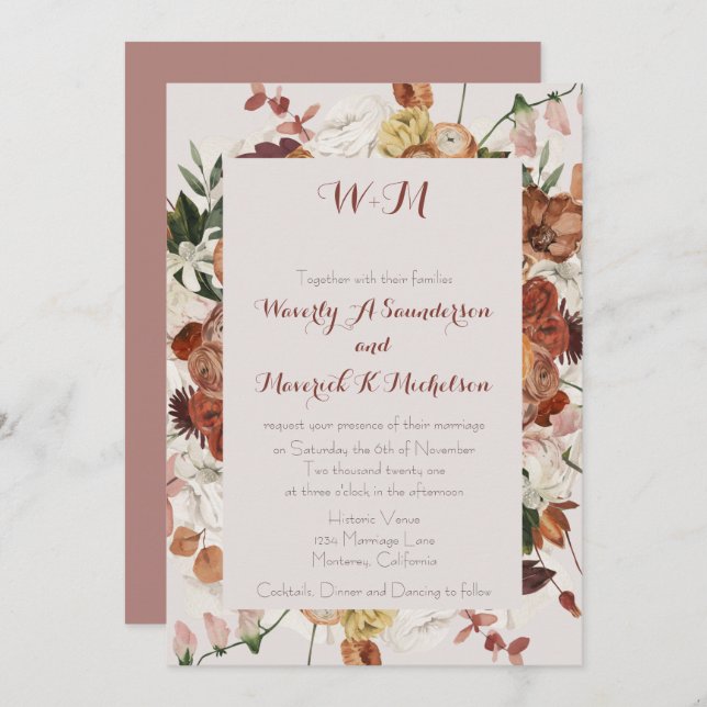 Floral Wasserfarbe Burnt Orange Dusty Rose Elegant Einladung (Vorne/Hinten)