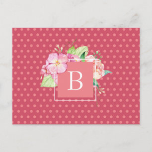 Floral Wasserfarbe Custom Initial Pink Dots Coral Postkarte