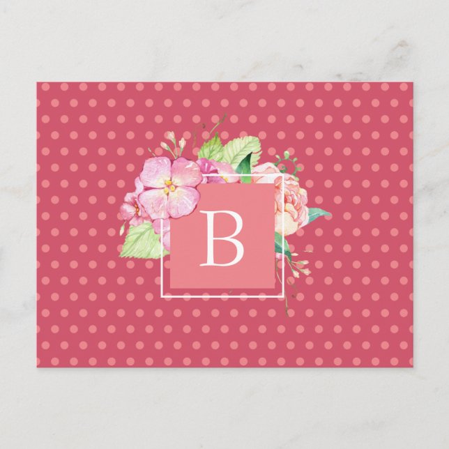 Floral Wasserfarbe Custom Initial Pink Dots Coral Postkarte (Vorderseite)