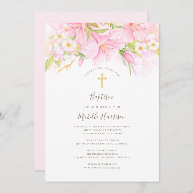 Floral Wasserfarbe Delikate Rosa Girl Taufe Einladung (Vorne/Hinten)