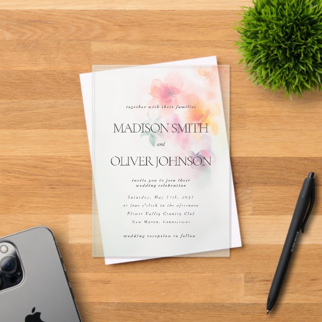 Floral Wasserfarbe Elegante Klare Hochzeit Acryleinladungen (Insitu (Einladungskarte))