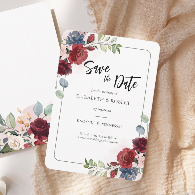 Floral Wasserfarbe Elegante Moderne Hochzeit Save The Date (Watercolor Floral Burgundy Script Save the Date Announcement)
