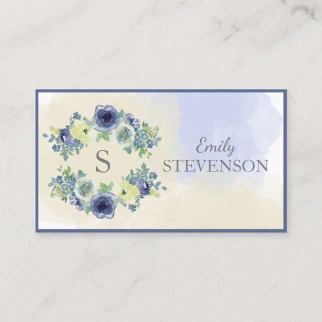 Floral Wasserfarbe Elegantes Monogramm Visitenkarte (Vorderseite)
