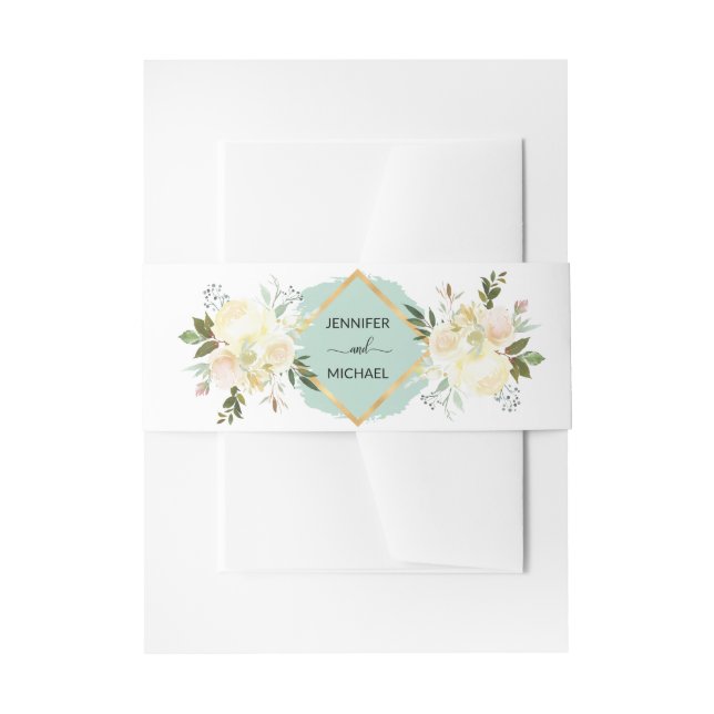 Floral Wasserfarbe Elfenbeinminze Rosa Goldhochzei Einladungsbanderole (Vorderseite Beispiel)