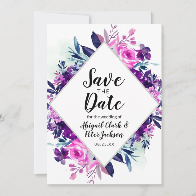 Floral Wasserfarbe Lila Violett Silber Diamant Save The Date (Vorderseite)