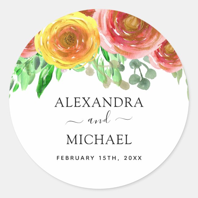 Floral Wasserfarbe Moderne Elegante Frühjahrssonne Runder Aufkleber (Vorderseite)
