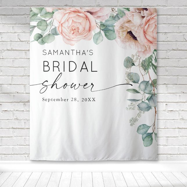 Floral Wasserfarbe Rosa Brautparty Wandteppich (Pink peony floral botanical cascading watercolor design on this bridal shower tapestry backdrop.)