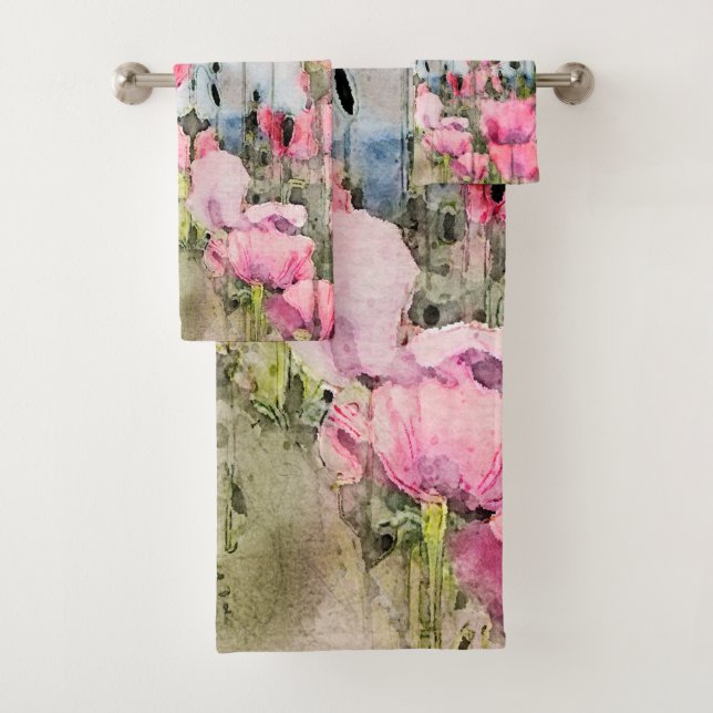 Floral Wasserfarbe Rosa Mohnblumen Blume Badhandtuch Set (Insitu)
