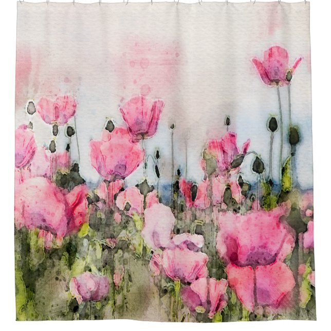 Floral Wasserfarbe Rosa Mohnblumen Blume Duschvorhang (Vorderseite)