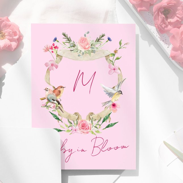 Floral Wasserfarbe Rosa Monogramm Babydusche Einladung (Von Creator hochgeladen)