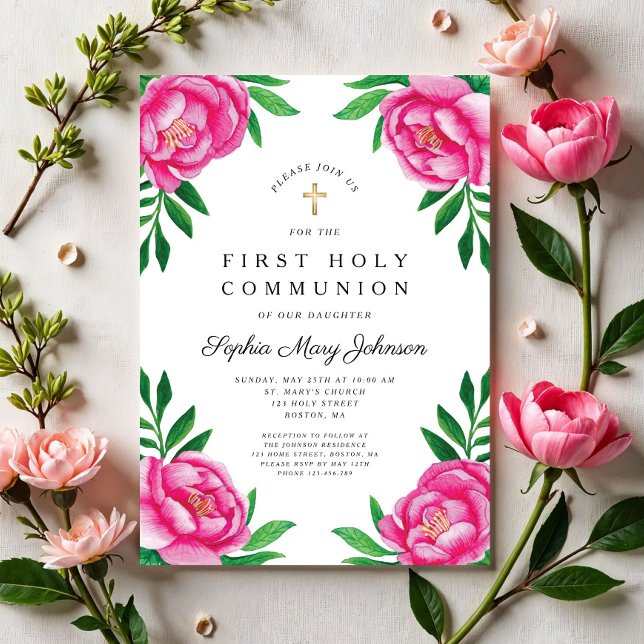 Floral Wasserfarbe Rosa Zwiebeln Erste Kommune Einladung (Floral Watercolor Pink Peonies First Communion Invitation)